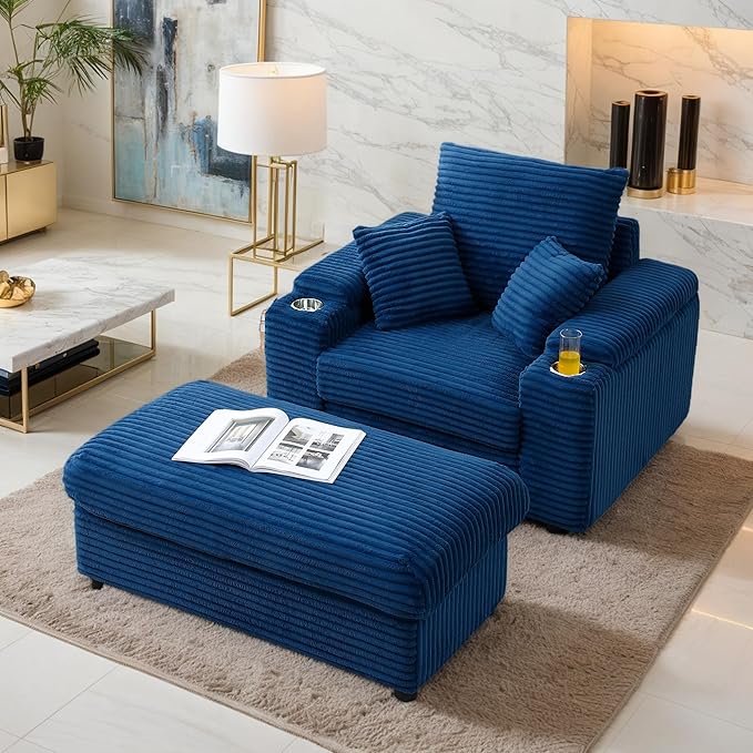 43.3 W Oversized Corduroy Chaise Lounge Chair Comfy Sleeper Sofa with Cup Holder and Storage Ottoman 3 Throw Pillows Included Deep Seat Upholstered Reading Chair for Living Room (Blue)