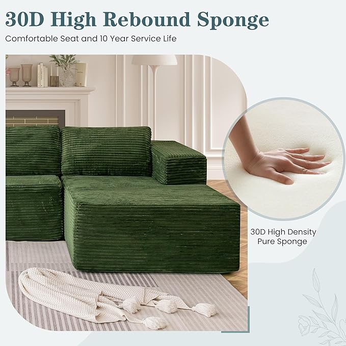 HOMREST 106 Modular Cloud Sectional Sofa with Deep Seats &amp Chaise No-Assembly L-Shape Couch for Living Room Plush Corduroy Fabric Green Oversized Comfortable Seating