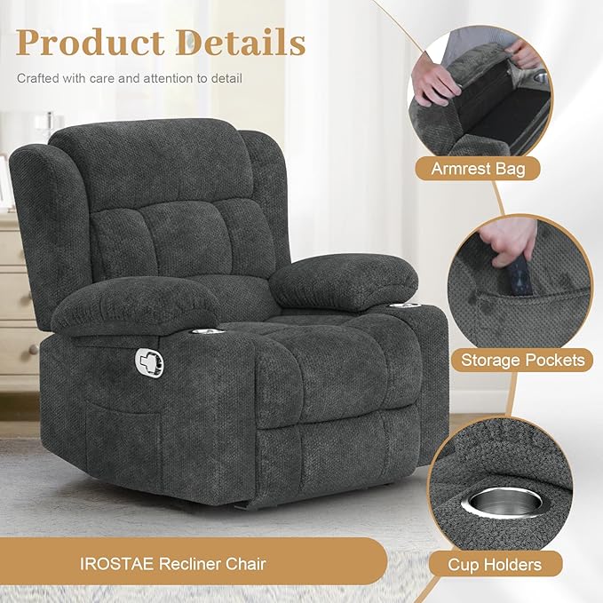 Recliner Chair for Adults Oversized Fabric Manual Pull Tab Reclining Chair with Cup Holders Minimalist Style Single Sofa for Living Room RV (Grey)