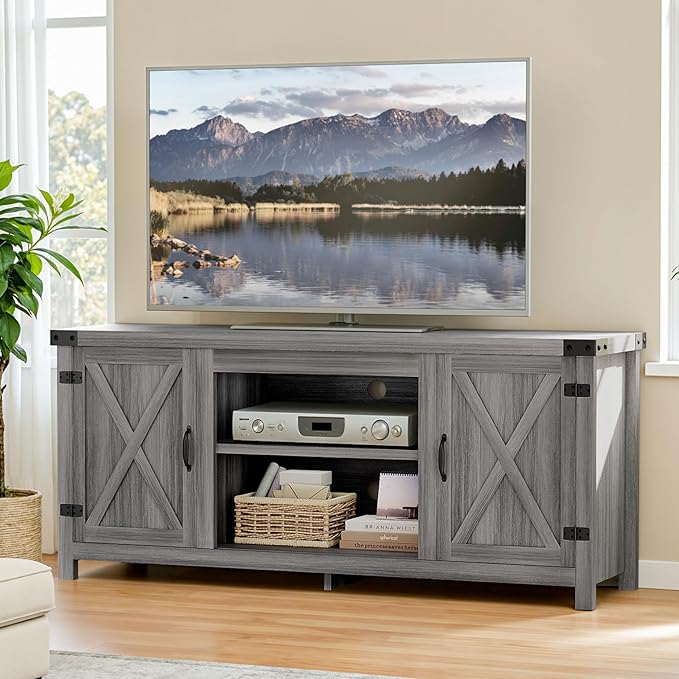YESHOMY Modern Farmhouse TV Stand with Two Barn Doors and Storage Cabinets for Televisions up to 65+ InchEntertainment Center Console TableMedia Furniture for Living RoomLight Grey