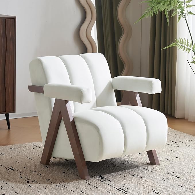 Mid Century Modern Accent Chair with Solid Wood e Upholstered Living Room Chairs with Thick Cushion Comfy Tufted Arm Chair for Bedroom Living Room Velvet Ivory