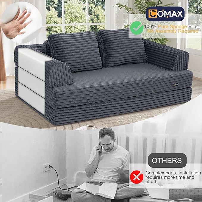 COMAX Convertible Sofa Bed Folding Floor Couch Corduroy Fold Out Couch Bed Futon Sleeper Mattress with Pillows Boneless Sofa Comfy Lounge Loveseat for Living Room Bedroom Plush Grey