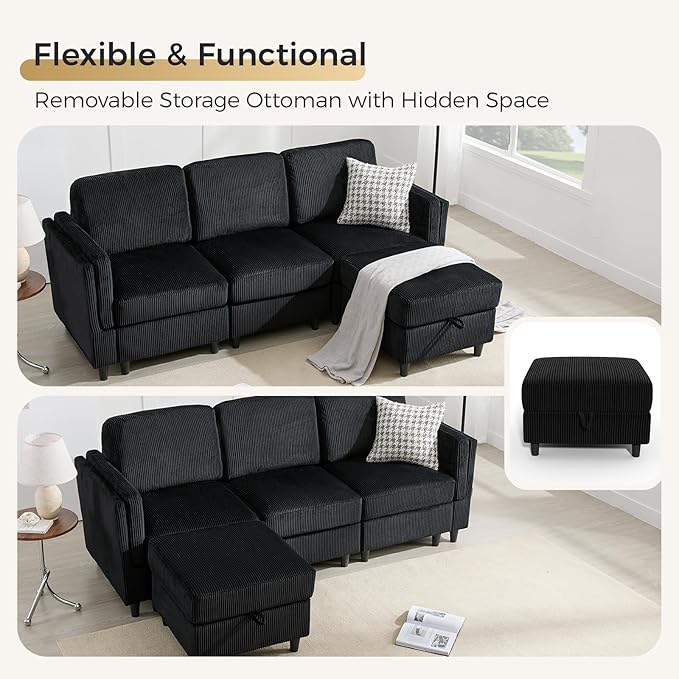 KKL Modular Sectional Sofa Bed with Storage Ottoman Convertible L/U-Shaped Sleeper Couch for Living Room Modern Reversible Design Black