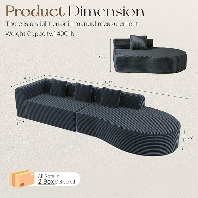 Esright 134’’ Modern Sectional Couches for Living Room 1400LBS Oversized Modular L-Shaped Curved Sofa with 3 Pillow Bolsters Large Comfy Cloud Couch Sofa (Dark Grey)