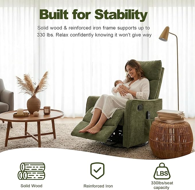 Casaphoria 360° Swivel Rocking Recliner Chair with Heat and Massage Upholstered Fabric Nursery Glider with Side Pocket for Living RoomBedroomHome Theater and RV Small Space(Antique Green)