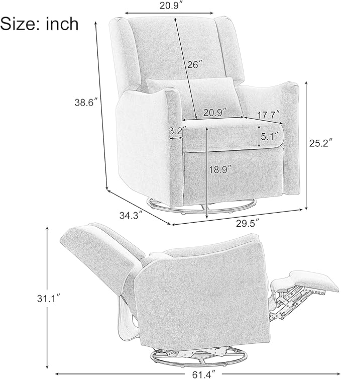 Classic Wingback Glider Recliner Nursery Chair Rocker Swivel Recliner Chairs for Small Spaces Thick Cushion Linen (Green)