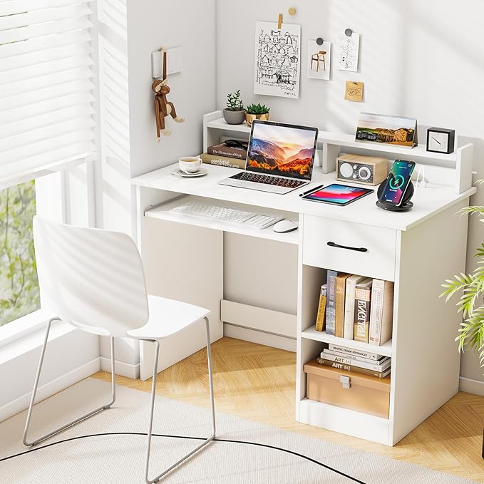Tangkula White Desk with Drawer &amp Keyboard Tray Home Office Desk with Built-in Charge Station &amp Adjustable Shelf Study Writing Table with Hutch Modern Computer PC Workstation