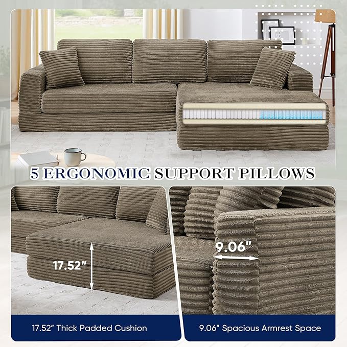 112.6” Modular Sectional Sofa Oversized Cloud L Shaped Couch Comfy Upholstered Corduroy Compressed Sofa with Left Facing Chaise and Wide Arms Fluffy Boneless Sofa Bed for Living Room Office Brown