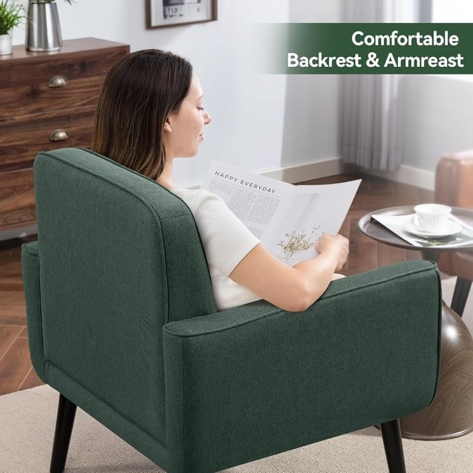 Mid Century Accent Chair Fabric Modern Chair with Wooden Frame Cozy Armchair Reading Chair with Comfy Back for Apartment Living Room Bedroom Waiting Room Small Space Corner Green