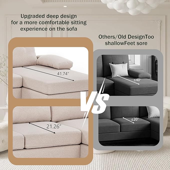 111 Sectional Couch for Living Room Modern Polyester Fibre U Shaped Sofa Couches with Double Chaise Upholstered 4 Seater Sofa for Living Room Apartment Office Beige