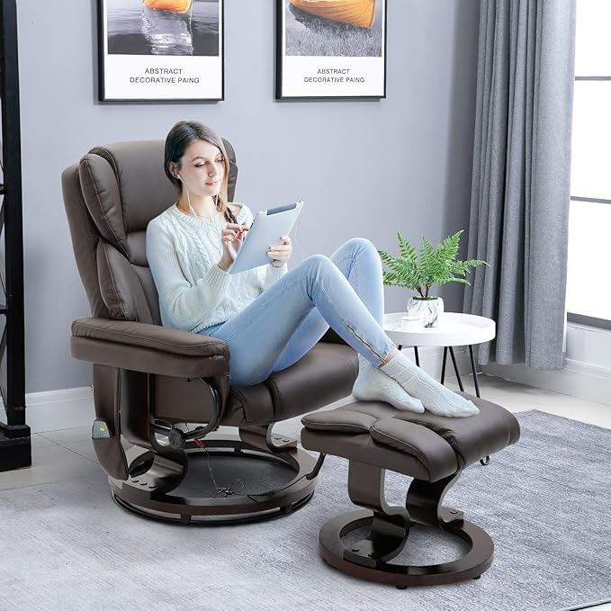 Massage Recliner Chair with Ottoman Footrest 10 Vibration Points 360° Swivel Reclining Chair Faux Leather Living Room Chair with Side Pocket and Remote Control