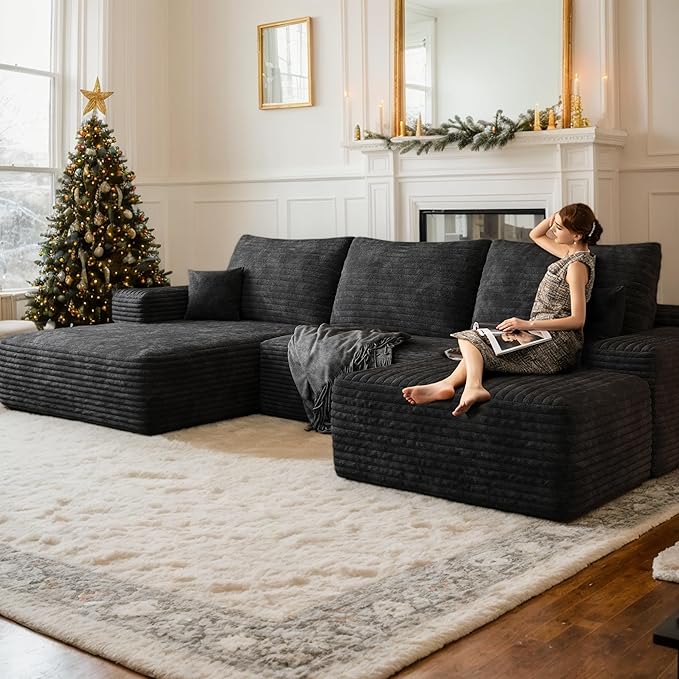 Oversized Corduroy Sectional Boneless Couch 108 W U Shaped Modular Sectional Sofa with Chaise/Ottoman No Assembly Required Compress Couches for Living Room (Black 3 seater+Ottoman+Left Chaise)