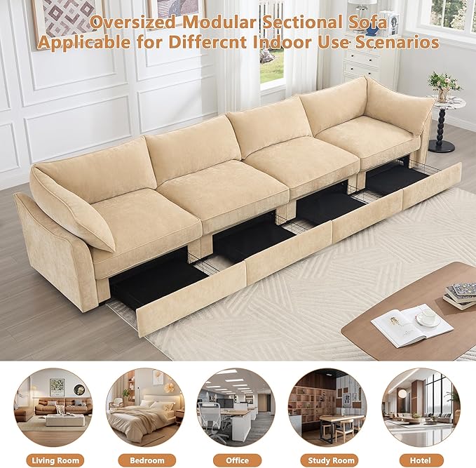 Modular Sectional Sofa with Pull out Storage Drawers 146.4 Comfy Upholstered Chenille 4-Seat Sofa Oversized Deep Storage Seat Couch 2 Armrest Pillows for Living Room Bedroom Apartment Wheat