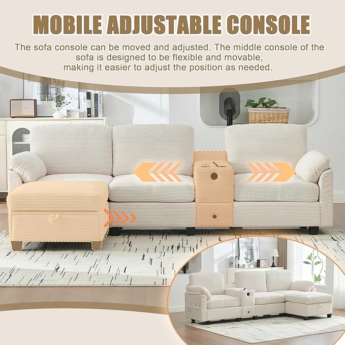 KEIKI 105 L-Shaped Oversized Corduroy Modular Sectional Sofa with 1 Ottoman and Multi Functional Console 4-Seater Upholstered Couch with USB and 2 Cup Holder Easy Assembly for Living Room Beige