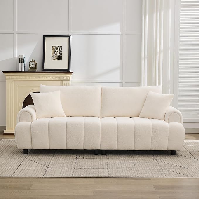 88 Modern Boucle Sofa Couch Oversized Comfy 3 Seater Sherpa Curved Sofas Deep Seat Upholstered Loveseat Teddy Round Arm Couches for Living Room Bedroom Beige