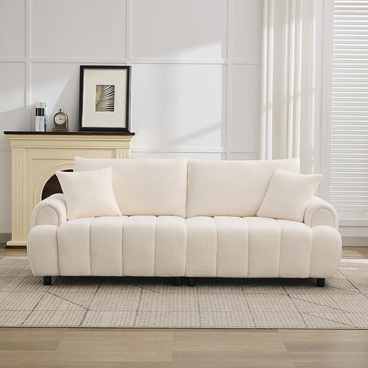 88 Modern Boucle Sofa Couch Oversized Comfy 3 Seater Sherpa Curved Sofas Deep Seat Upholstered Loveseat Teddy Round Arm Couches for Living Room Bedroom Beige