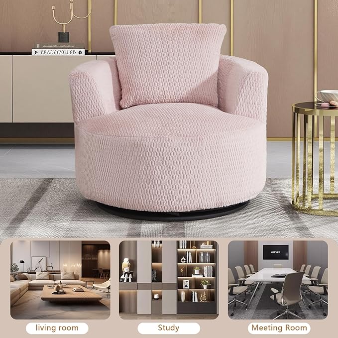 mikibama Swivel Accent Chair 360° Round Swivel Barrel Chair with Pillows Upholstered Corduroy Armchair Sofa Chair for Living Room Bedroom Reading Room Pink