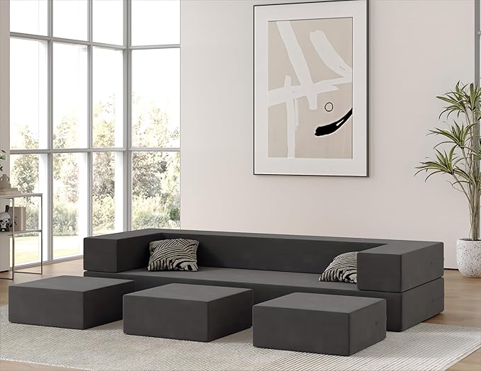 Folding Sofa Bed - Convertible Velvet Floor Couch Bed with Removable Cover 3 Ottomans Fold Out Couch Memory Foam Mattress Lazy Sofa for Dorm/Guest Room/Home Office Queen Grey