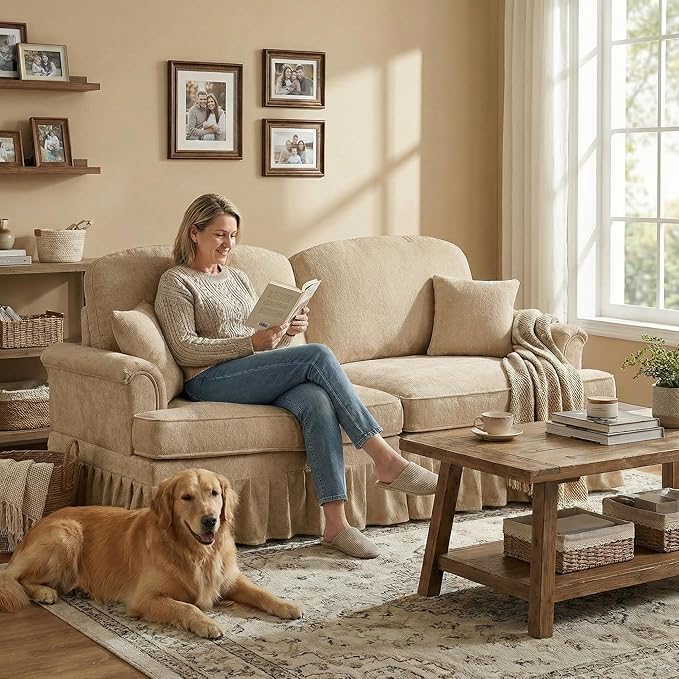 Casaphoria Mid-Century Modern Oversized Loveseat Sofa 2-Seater Chenille Couch with Removable Ruffle Skirt Flared Arms Spindle Legs &amp Throw Pillow for Living Room Apartment