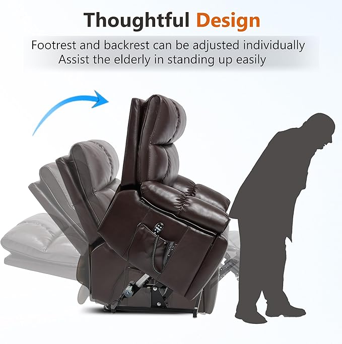 Luxlen Oversized Power Lift Recliner Chair for Elderly Dual Motor Lift Chair with Vibration Massage &amp Lumbar Heating Standing Assistance Recliner with Cup Holders - Faux Leather Reddish Brown