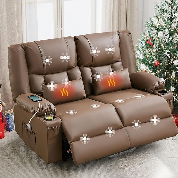 Brown Leather Reclining Loveseat with Massage/Heat/Pillow/USB/Cup Holders Oversized Loveseat Recliner for Living Room Manual Reclining Sofa for Adults 700 Lbs Capacity (Brown)