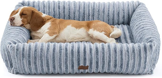 Bedsure ComfyFleece™ Cute Dog Beds Large Sized Dog - Washable Furry Pet Beds Rectangle Orthopedic Corduroy Fleece Puppy Beds with Removable Zipper Cover 36x27x8inches Vintage Indigo