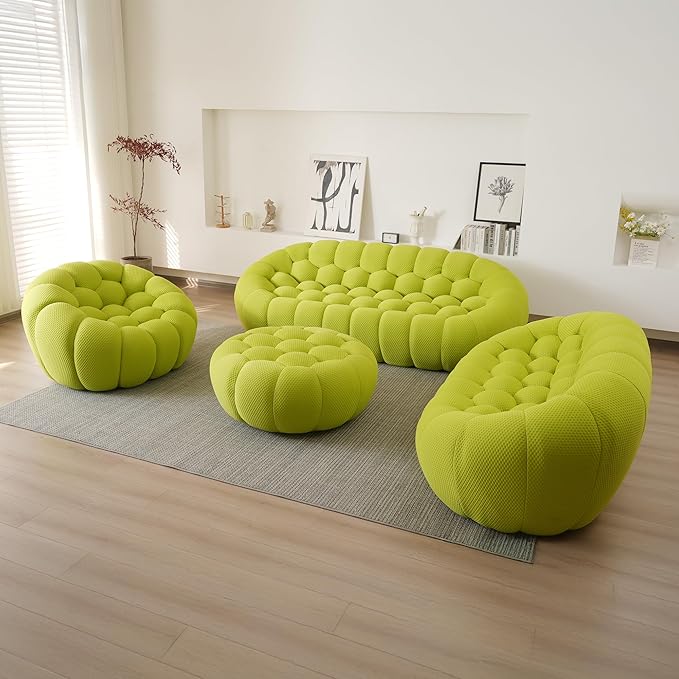 JACH 41.24'' Modern Lazy Floor Ottoman Bubble Footstool Upholstered Mesh Fabric Bubble Couch Sofa 3D Honeycomb Shape Ottoman for Living Room Office Apartment Small Space (Fluorescent Green)
