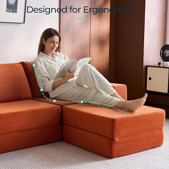 LINSY HOME Oversized Convertible Sofa Bed with 2 Pillows &amp Ottoman Corduroy Boneless Couch Folding Modular Sleeper Sofa L Shaped Couch Floor Sofa for Living Room Apartment Upgrade Backrest (Ora