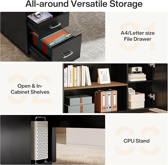 Tribesigns 85.8-Inch L-Shaped Executive Desk with File Drawers Door Cabinet &amp Shelves Extra Large Commercial Office Desk Modern Professional Office Table Business Furniture Natural &amp Blac