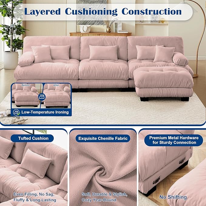 Oversized Cloud Couch Fluffy Sectional Couch for Living Room L Shaped Sofa with Movable Ottoman Chenille Pink