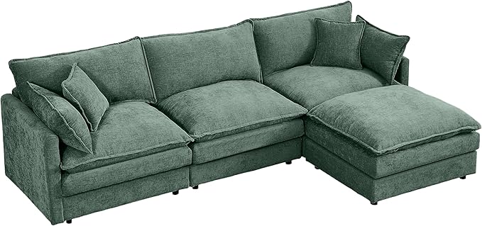 Cloud Couch Modular Sectional Sofa 102-Inch L-Shaped Chenille Fabric 3-Seater with Movable Ottoman Living Room Couch Set with Memory Foam Cushions (Mint Green L)