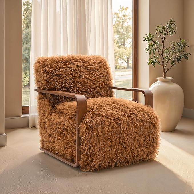 Comfortable Faux Fur Reading ChairModern Luxury Accent Chair Side Chairs with Curved Wooden Armrests for ApartmentLiving RoomOfficeStudyCamel+Brown