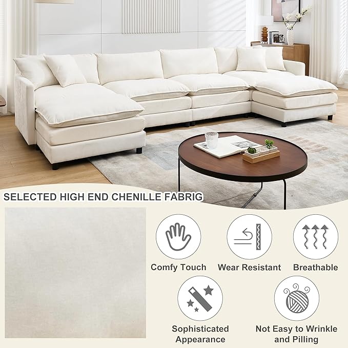 143.31 U Shaped Cloud Modular Sofa with Chaise Lounges Sectional Couches for Living Room Deep Seat Cloud Couch Chenille Comfy with Pillow