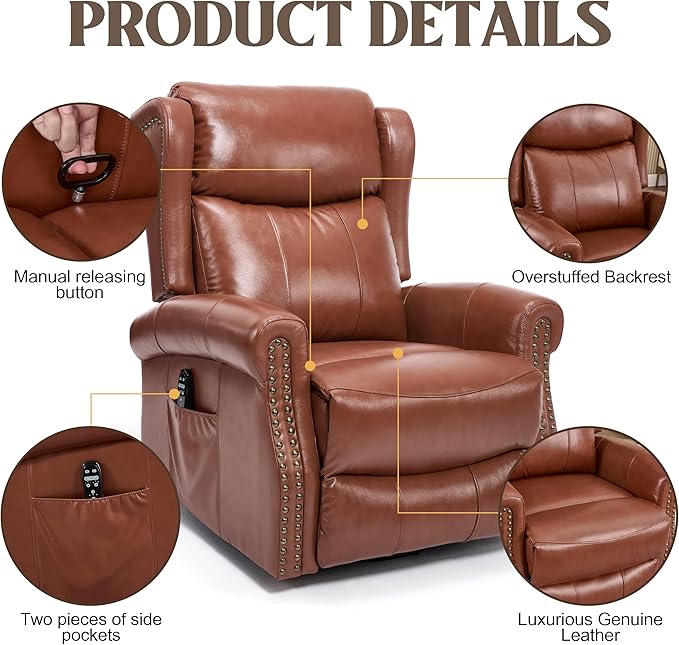 Manual Rocker Swivel Recliner Chair for Adults Vibration Massage Reclining Glider Chair with Lumbar Heat Rivet Design Single Sofa for Living Room Genuine Leather Red Brown