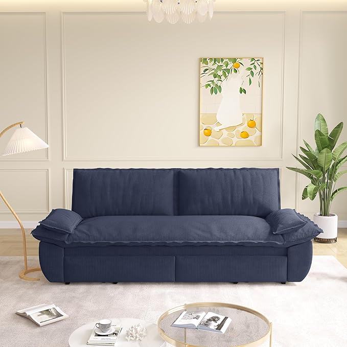 73.2 Sleeper Sofa Bed Queen Size 3-in-1 Convertible Couch Modern Pull Out Couches Comfy Corduroy Futon Sofa Cloud Loveseat Lounge Pillow Arm for Living Room Apartment Dark Blue