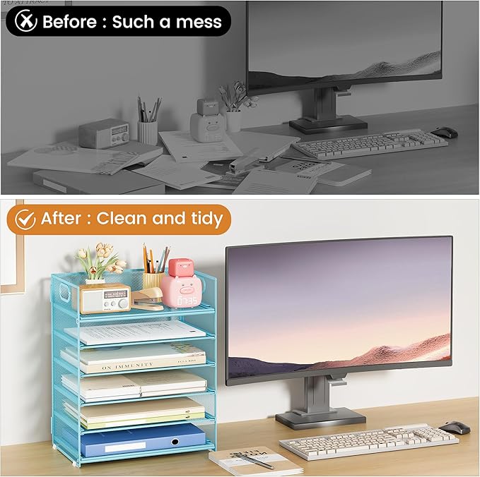 Subekyu 6-Tier Desk Paper Organizer Desktop File Letter Tray with Handle Document Sorter and Accessories Holder for Office Home and School Workspace Organizers Blue-2 Pack