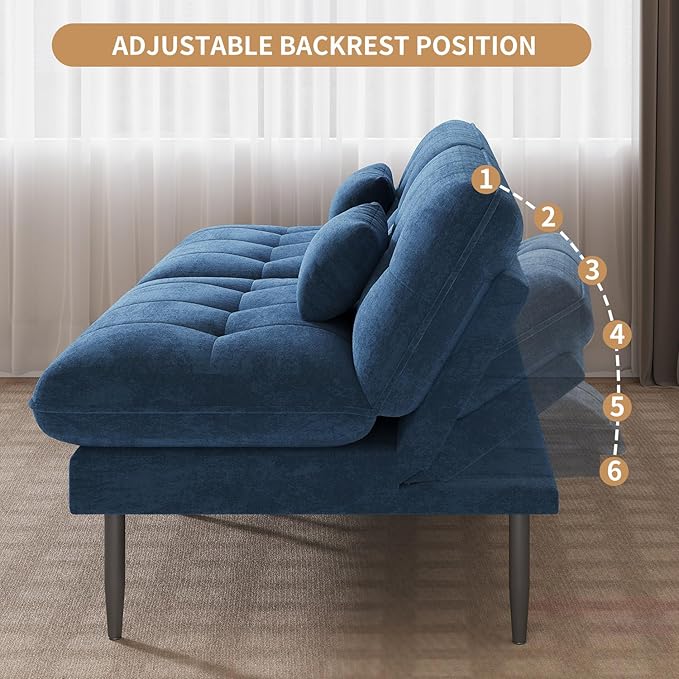 70 inch Convertible Futon Sofa Bed Velvet Sleeper Sofa with Adjustable Backrest Thick Fill and Convertible Modules 4 in 1 Loveseat Couch for Living Room Blue
