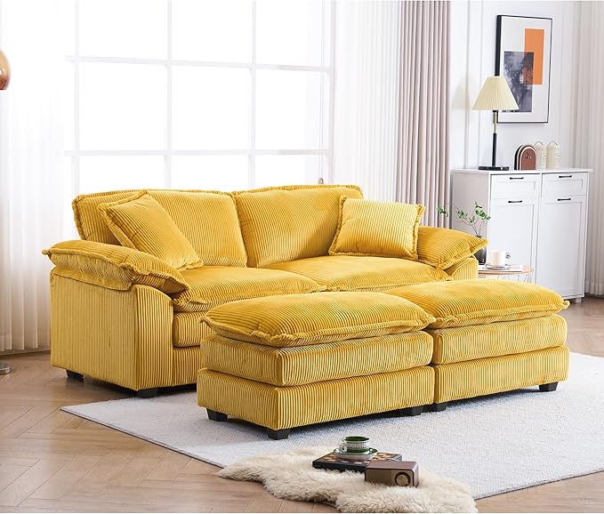 84.6” Corduroy Loveseat with Ottoman Oversized Double Chaise Lounge Chair Indoor Deep Seat Two Seater Couch Cloud Couch Modular Sectional Sofa for Living Room(Corduroy Yellow)