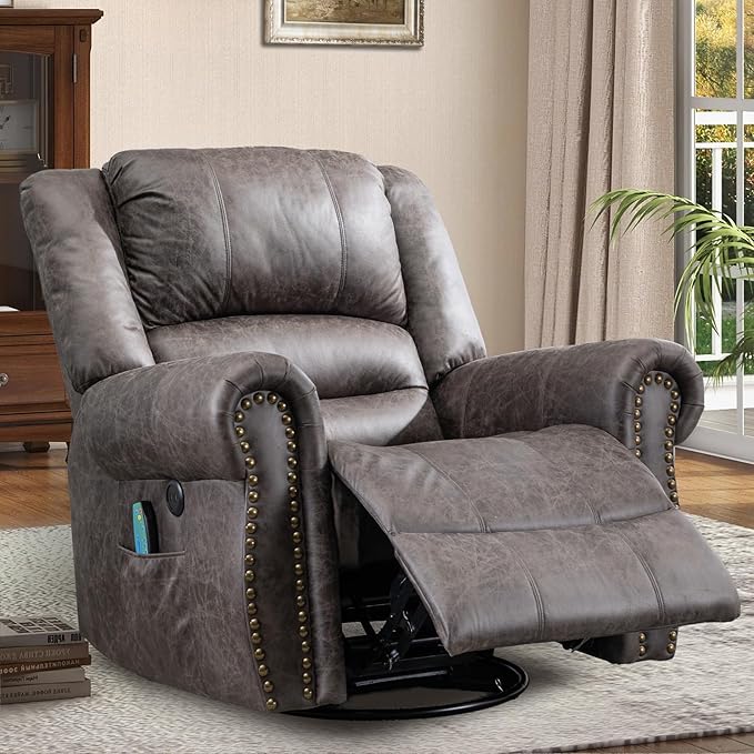 Manual Massage Recliner with Heating Function 360° Swivel Glider Rocking Recliner Chair for Living Room Ergonomic Single Sofa Chair with Remote Control/USB Ports/Side Pockets(Grey)