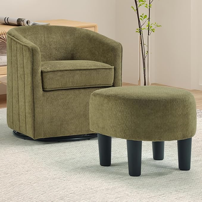CANMOV Swivel Accent Chair for Multi-Scene Use 360 Degree Club Chair with Ottoman Set Comfy Fabric Barrel Reading Chairs with Simple Line Design for Living Room Bedroom Round Reading Chair Green