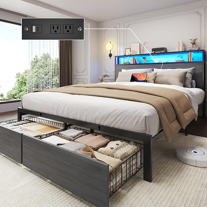 Lifezone Queen Bed Frame with 2-Tier Storage Headboard Metal Bed Frame with Storage Drawers &amp Built-in Charging Station &amp LED Noise-Free No Box Spring Needed Easy Assembly Rustic Grey