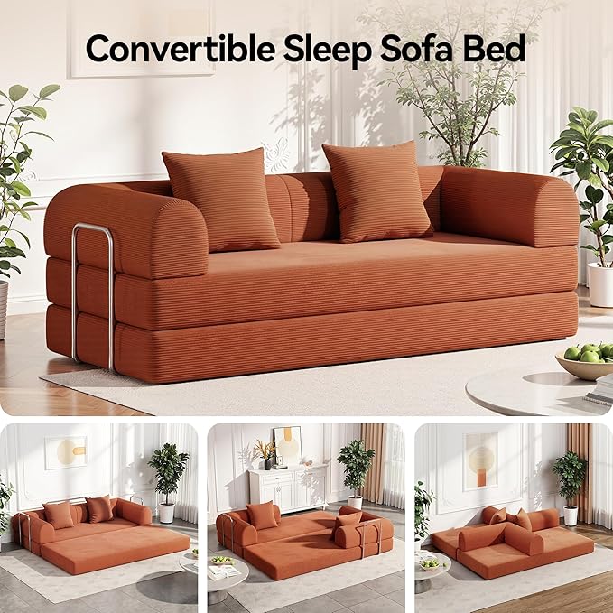 79 Folding Convertible Sofa Bed Boneless Couch for Living Room with Pull Out Bed ‌Convertible Sleeper Sofa Bed with Pillows - Corduroy Upholstered Modular Futon Couch for Bedroom Lounge (Orange)