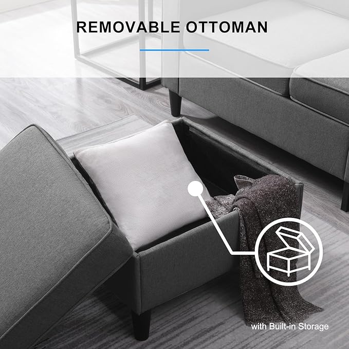 PUREMIND 3 Piece Living Room Sofa Sets Modern 3 Seater Sofa with Ottoman and Loveseat and Armchair Sets Linen Fabric L Shape Couch Set of 3 for Living Room Dark Grey