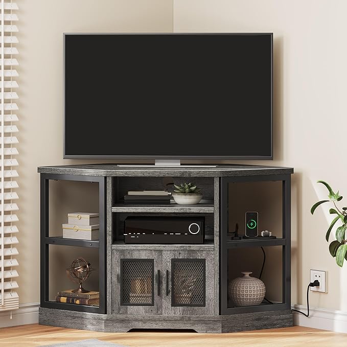 DWVO Corner TV Stand for TVs 50 Inch for Living Room Modern Farmhouse Entertainment Center with Storage TV Media Console Cabinet Grey Oak