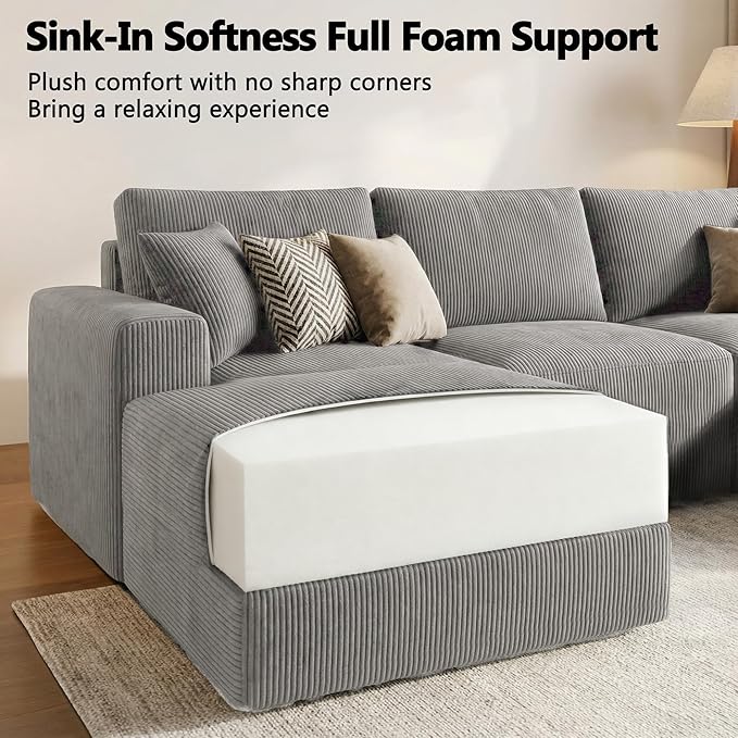 Homall Sectional Couches for Living Room Modern Boneless Couch with Deep Seat Upholstered Cloud Sofa No Assembly Required (Grey Oversized Sofa)