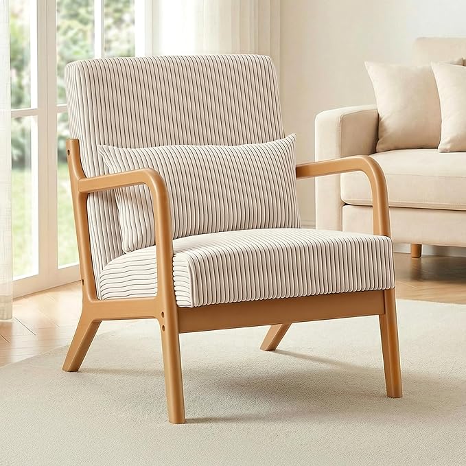 Accent Chair Comfy Arm Chair with Solid Wood Frame Upholstered Mid-Century Modern Chair for Living Room Bedroom Waiting Room Beige