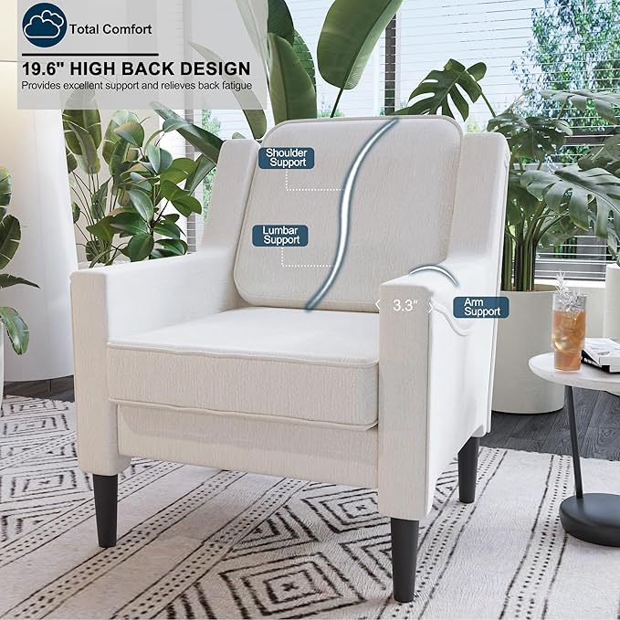 Cream Accent Chair - High Back Upholstered Armchair Comfy Living Room Arm Chair Reading Accent Chairs for Bedroom Apartment Office Single Sofa with Wood Legs