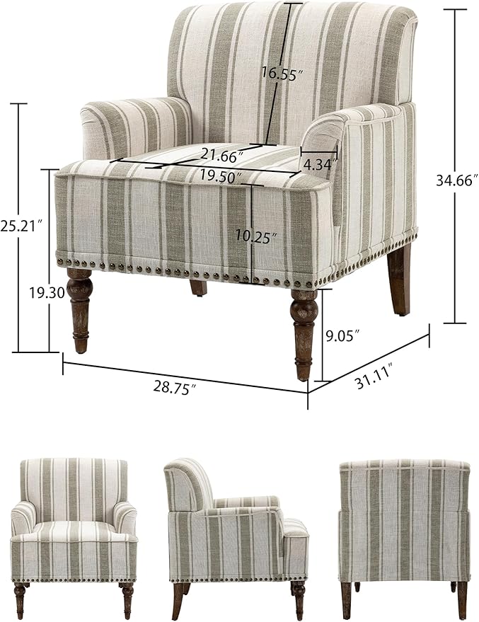Accent Chair Mid Century Modern Comfy Armchair for Living Room Linen Fabric Single Sofa Lounge for Reading Bedroom Apartment Waiting Room with Wood Legs (Brown Stripe Set of 1)
