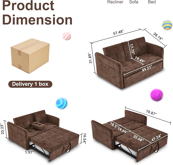 57.48 Convertible Sofa Bed with Cup Holder Pull Out Sleeper Sofa Bed with USB Charging Ports 3 in 1 Convertible Sleeper Sofa Bed for Living Room Apartment Bedroom RV Brown