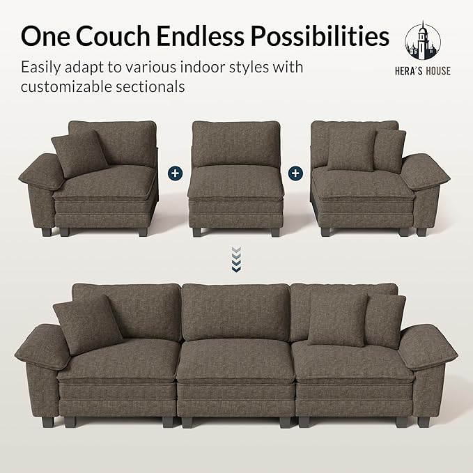 HERA'S HOUSE 124 Modular Sectional Sofa Oversized L Shaped Couches for Living Room Comfy Cloud Couch with Ottoman 4-Seater Deep Seat Sofa with Throw Pillow Chenille Ash